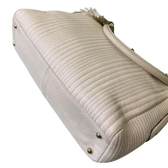 Calvin Klein Quilted Cream Leather Satchel with Tassel and Gold Chain Handles - Picture 11 of 14